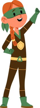 Örgülü ve maskeli genç bir süper kahraman dinamik bir pozda duruyor. Çocuk, cesaret ve heyecan saçan eldivenli ve çizmeli bir kostüm giyiyor. Çizgi film vektör illüstrasyonu.