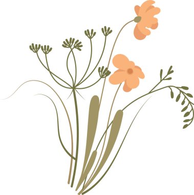 Zarif çiçekler ve yapraklar temiz ve zarif bir şekilde. Akan hatları ve basit formları olan zarif botanik elementler. Çizgi film vektör illüstrasyonu.