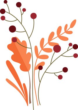 Modern bir soyut tarzda stilize edilmiş yapraklar ve meyveler. Basitleştirilmiş botanik elementler uyumlu bir düzenleme oluşturur. Çizgi film vektör illüstrasyonu.