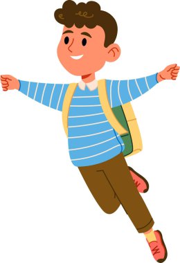 Çizgili kazaklı ve kahverengi pantolonlu bir çocuk kollarını açıp sırt çantası takarak atlıyor. Çocuk çizgi film tarzında neşeli ve tasasız görünüyor. Çizgi film vektör illüstrasyonu.