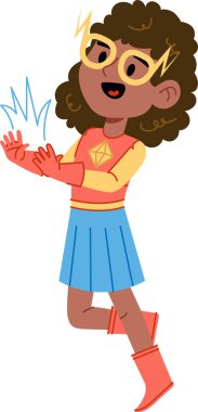 Kıvırcık saçlı, gözlüklü, kostüm ve eldiven giyen genç bir süper kahraman kız. Karakter, ellerindeki enerjiyle dinamik bir pozda tasvir edilir. Çizgi film vektör illüstrasyonu.
