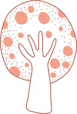 Yuvarlak bir gölgeliği olan biçimlendirilmiş bir ağaç çizgili bir sanat tarzıyla daireler çiziyor. Ağaç gövdesi ve dalları noktalı desenlerle sadeleştirilmiş. Çizgi film vektör illüstrasyonu.