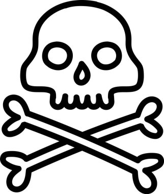 Altında çapraz kemikler olan kalın bir kafatası çizimi. Resimde klasik korsan sembolünü tasvir etmek için kalın ana hatlar kullanılıyor. Çizgi film vektör illüstrasyonu.