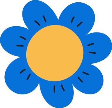 Yuvarlak yapraklı bir çiçek ve merkezi dairesi kalın, grafik tarzda. Yapraklar dairesel merkezin etrafında simetrik bir şekil oluşturuyor. Çizgi film vektör illüstrasyonu.