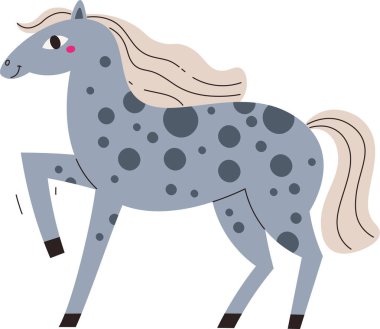 Benekli bir at ve düz bir çizgi film tarzında dalgalı yelesi var. Hayvan oyuncu bir ifade ve stilize özelliklerle tasvir edilir. Çizgi film vektör illüstrasyonu.