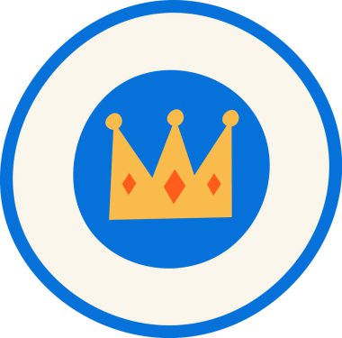 Dairesel çerçeveli geometrik şekilli stilize bir taç. Amblemde cesur bir ana hatla ortalanmış bir kraliyet sembolü yer alıyor. Çizgi film vektör illüstrasyonu.