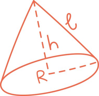 Temiz çizgi şeklinde etiketlenmiş bir koni diyagramı. Çizimde boy, yarıçap ve eğim yüksekliği notlamaları yer alıyor. Çizgi film vektör illüstrasyonu.