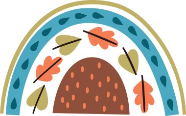 Tarzlı bir gökkuşağı kubbenin üzerinde düz bir dizaynda dağınık sonbahar yaprakları ile birlikte kemerler oluşturur. Eğimli çizgiler ve yaprak motifleri uyumlu bir kompozisyon oluşturur. Çizgi film vektör illüstrasyonu.