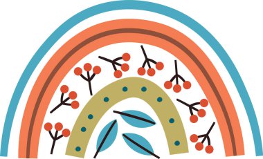 Böğürtlenli ve yapraklı soyut bir gökkuşağı. Kıvrımlı şeritler stilize edilmiş yapraklar ve noktalar üzerinde kavis oluşturuyor. Çizgi film vektör illüstrasyonu.