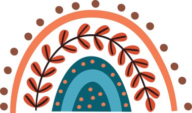 Noktalı yay ve geometrik tarzda yaprak motifli soyut bir gökkuşağı. Eğimli çizgiler ve yaprak desenleri uyumlu bir tasarım yaratır. Çizgi film vektör illüstrasyonu.