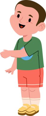 Kısa saçlı ve büyük bir gülümsemesi olan genç bir çocuk günlük kıyafetin içinde duruyor. Çocuk bir tişört ve şort giyiyor, neşe ve arkadaşlığı ifade ediyor. Çizgi film vektör illüstrasyonu.
