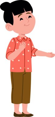 Puantiyeli tişörtlü, gülümseyen bir insan. Bir eli göğsünde, diğeri de uzatılmış. Karakter dostluğu ve sıcaklığı ifade eder. Çizgi film vektör illüstrasyonu.