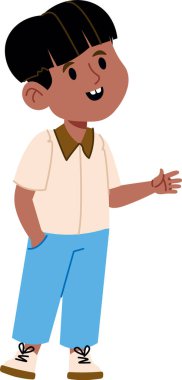 Neşeli bir yüzü olan, gömlek ve pantolon giyen, temiz bir şekilde çizilmiş genç bir çocuk. Çocuk gelişigüzel ayakta dururken tek eliyle hareket eder. Çizgi film vektör illüstrasyonu.