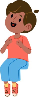 Neşeli bir çocuk çizgi film tarzında gülümseyerek oturur. Çocuk anlamlı yüz hatları ve günlük kıyafetlerle tasvir ediliyor. Çizgi film vektör illüstrasyonu.