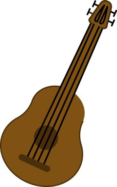 Düz çizgi film tarzında altı telli akustik bir gitar. Telli enstrüman basit bir taslak ve düz kıvrımlarla tasvir edilir. Çizgi film vektör illüstrasyonu.
