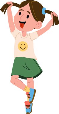 At kuyruklu gülümseyen bir kız çizgi film tarzında neşeyle dans eder. Çocuk gülen yüzlü ve renkli ayakkabılı bir gömlek giyiyor. Çizgi film vektör illüstrasyonu.