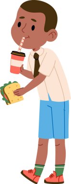 Günlük giysiler içinde bir çocuk çizgi film tarzında bir sandviç ve içkiden hoşlanır. Çocuk bir aperatif tutuyor ve pipetle bir kupadan yudumluyor. Çizgi film vektör illüstrasyonu.