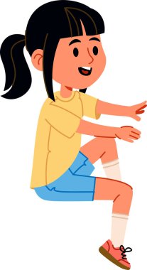 At kuyruklu genç bir kız, karikatür tarzında çizilmiş tişört ve şort giyerek rahat bir poz verir. Çocuk neşeli bir ifade ve basit çizgilerle tasvir edilir. Çizgi film vektör illüstrasyonu.
