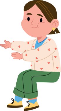 Kalp desenli süveteri ve yeşil pantolonu olan bir çocuk çizgi film tarzında gülümsüyor. Çocuğun kısa saçları ve elleri açık jestleri var ve rahat ayakkabılar giyiyor. Çizgi film vektör illüstrasyonu.