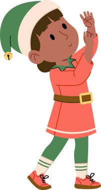 Çizgi film tarzında şapkası ve kemeri olan şenlikli bir kıyafet giyen bir elf çocuğu. Karakter, ayrıntılı giysi unsurlarıyla neşeli bir pozla tasvir edilir. Çizgi film vektör illüstrasyonu.