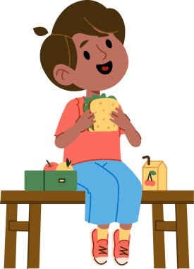 Saçında fiyonk olan bir çocuk bankta oturur ve çizgi film tarzında sandviç yer. Genç bir insan ahşap bir koltukta neşeli bir ifadeyle yemek yemekten hoşlanır. Çizgi film vektör illüstrasyonu.