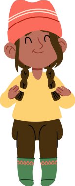 Örgülü ve bereli bir kız çizgi film tarzında sıcak bir şekilde gülümsüyor. Samimi bir süveter ve desenli çoraplar giyiyor, dostane bir hava yayıyor. Çizgi film vektör illüstrasyonu.