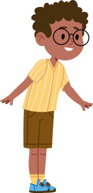 Gözlüklü, kıvırcık saçlı, çizgili gömlek ve şort giyen bir çocuk. Çocuk neşeli bir ifadeyle ve kollarını açmış duruyor. Çizgi film vektör illüstrasyonu.
