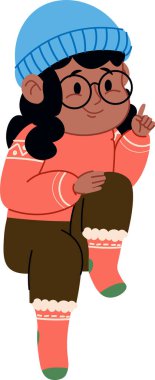 Gözlüklü ve bereli bir çocuk tek diziyle çizgi film tarzında oturur. Çocuk süveter ve desenli çoraplar giyiyor, gülümsüyor ve yukarı bakıyor. Çizgi film vektör illüstrasyonu.