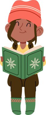 Bereli bir kız çizgi film tarzında kar tanesi tasarımlı bir kitap okuyor. Karakter kitabı tutarken gülümsüyor, rahat kış kıyafetleri giyiyor. Çizgi film vektör illüstrasyonu.