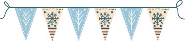 Çizgi film tarzında kar tanesi ve çizgili bayraklar. Kış motifleriyle süslenmiş şenlikli üçgen flamalar bir ipte asılı. Çizgi film vektör illüstrasyonu.