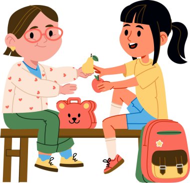 Bir bankta oturan çocuklar çizgi film tarzında meyve paylaşıyorlar. Çocuklar çantalarının ve beslenme çantalarının yanında atıştırmalıkların tadını çıkarıyorlar. Çizgi film vektör illüstrasyonu.