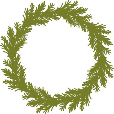 Temiz bir vektör tarzında detaylı çam dallarından yapılmış dairesel bir çelenk. Tasarım, karmaşık iğne kalıplarıyla kusursuz bir döngü oluşturuyor. Çizgi film vektör illüstrasyonu.