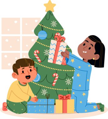 Pijamalı iki çocuk, süslü bir Noel ağacının yanında, rahat bir odada hediyelerini açıyor. Bir erkek ve bir kız, bayram ruhunu neşeli bir şekilde paylaşıyor. Etrafı süslerle çevrili. Çizgi film vektör illüstrasyonu.