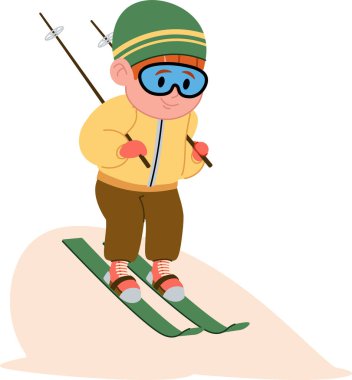 Kışlık kıyafetli genç bir kayakçı çizgi film tarzında yokuş aşağı süzülüyor. Çocuk kayak sopası tutarken gözlük ve bere takıyor. Çizgi film vektör illüstrasyonu.