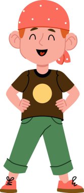 Bandanalı, elleri kalçasında çizgi film tarzında neşeli bir çocuk. Çocuk günlük kıyafetler giyiyor ve neşeli bir yüz ifadesi var. Çizgi film vektör illüstrasyonu.