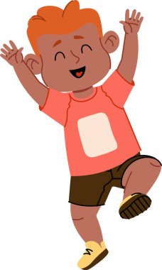 Kollarını kaldırmış mutlu bir çocuk ve neşeli bir duruşta büyük bir gülümseme, çizgi film tarzında çizilmiş. Çocuk hareketli bir ifadeyle enerjik bir şekilde sıçrıyor. Çizgi film vektör illüstrasyonu.