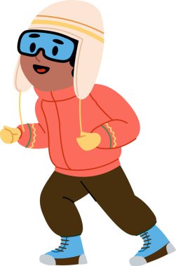 Şapka ve gözlük de dahil olmak üzere kışlık kıyafet giyen bir çocuk neşeli bir poz veriyor. Genç figür sıcak bir ceket ve eldiven ile giyinmiş, bir sevinç hissi yayıyor. Çizgi film vektör illüstrasyonu.