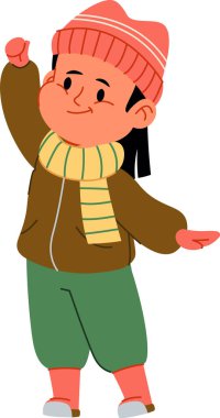Düz çizgi film tarzında bere, eşarp ve ceket giyen bir çocuk. Çocuk, basit bir şekilde tasvir edilmiş bir şapka ve palto ile sıcacık giyinmiş. Çizgi film vektör illüstrasyonu.