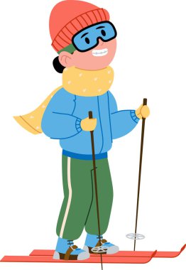 Çizgi film tarzında direklerle kayak yapan bir çocuk. Genç kayakçı bir şapka ve eşarp takıyor, karın tadını çıkarırken parlak bir şekilde gülümsüyor. Çizgi film vektör illüstrasyonu.