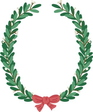 Temiz ve düz bir şekilde çizilmiş bir defne çelengi. Yapraklar, altında dekoratif bir kurdele bulunan oval bir şekil oluşturur. Çizgi film vektör illüstrasyonu.