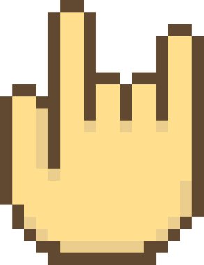 Pikselleşmiş bir el ve geriye dönük işaret parmağı var. Görüntü, tıkanmış, klasik görünümlü dijital imleç eli tasvir ediyor. Çizgi film vektör illüstrasyonu