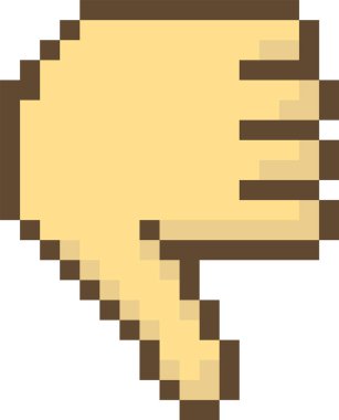 Pikselleştirilmiş bir el baş parmakları geriye dönük bir şekilde gösteriyor. Görüntü, tıkanmış dijital bir şekilde aşağı doğru bir başparmağı betimliyor. Çizgi film vektör illüstrasyonu.