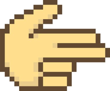 Pikselleştirilmiş bir el, geriye dönük dijital tarzda sağı işaret ediyor. Görüntü, tıkanmış, pikselli bir sanat tasarımı ile sağdan gelen bir hareketi tasvir ediyor. Çizgi film vektör illüstrasyonu.