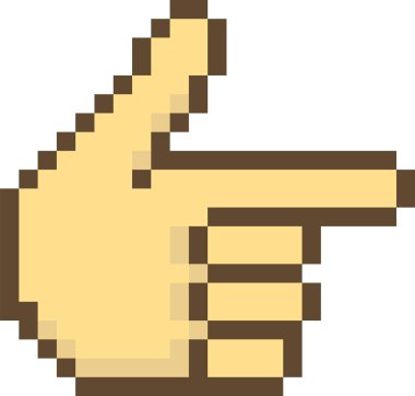 Pikselleştirilmiş bir el geriye dönük bir şekilde sağ tarafı işaret ediyor. Görüntü, tıkanmış dijital görünümlü, sağa dönük bir jest tasvir ediyor. Çizgi film vektör illüstrasyonu.