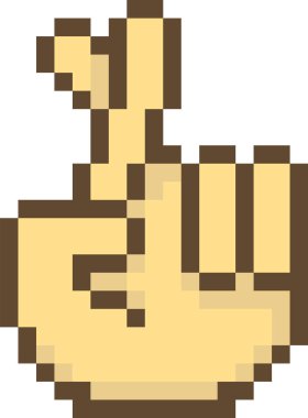 Pikselleştirilmiş, parmakları eski dijital tarzında çaprazlanmış bir el. Resim, engelleyici piksel sanatı kullanarak şansı simgeleyen bir el hareketini tasvir ediyor. Çizgi film vektör illüstrasyonu.