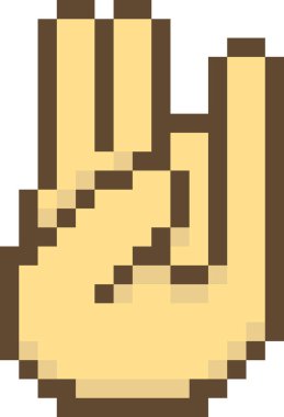 Pikselleştirilmiş bir el geriye dönük bir jest gösteriyor. Resim klasik video oyunlarını anımsatan tıkanmış bir el işareti tasvir ediyor. Çizgi film vektör illüstrasyonu.