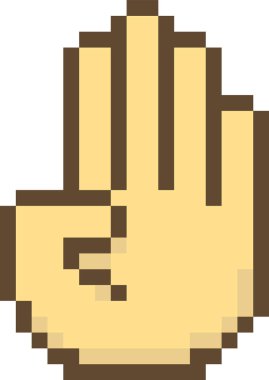 Pikselleştirilmiş bir el, geriye dönük üç parmağı gösteriyor. Görüntü, blokajlı dijital bir el sembolü tasvir ediyor. Çizgi film vektör illüstrasyonu.