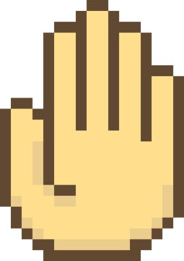 Retro dijital tarzda işaret eden pikselli bir el. Görüntü, klasik video oyunlarını andıran tıkanmış bir el tasarımı gösteriyor. Çizgi film vektör illüstrasyonu.