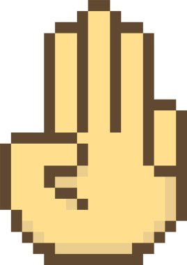 Pikselleşmiş bir el geriye dönük üç parmak hareketi gösteriyor. Resim, klasik piksel sanat görünümlü dijital bir el işareti tasvir ediyor. Çizgi film vektör illüstrasyonu.