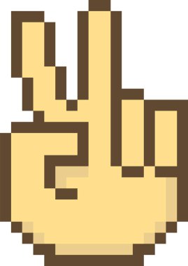 Pikselleşmiş bir el, geçmişe dönük dijital tarzda barış işareti gösteriyor. Jest, tıkanık, pikselli bir sanat formatında tasvir ediliyor. Çizgi film vektör illüstrasyonu.